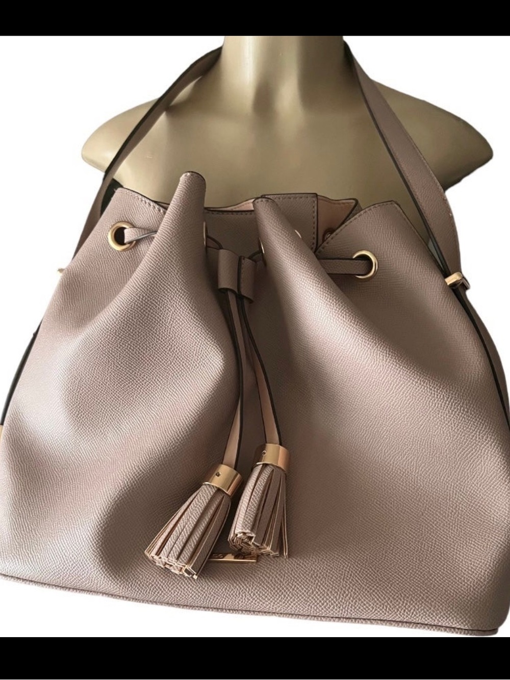 Aldo Taupe Drawstring Bucket Bag with Tassels